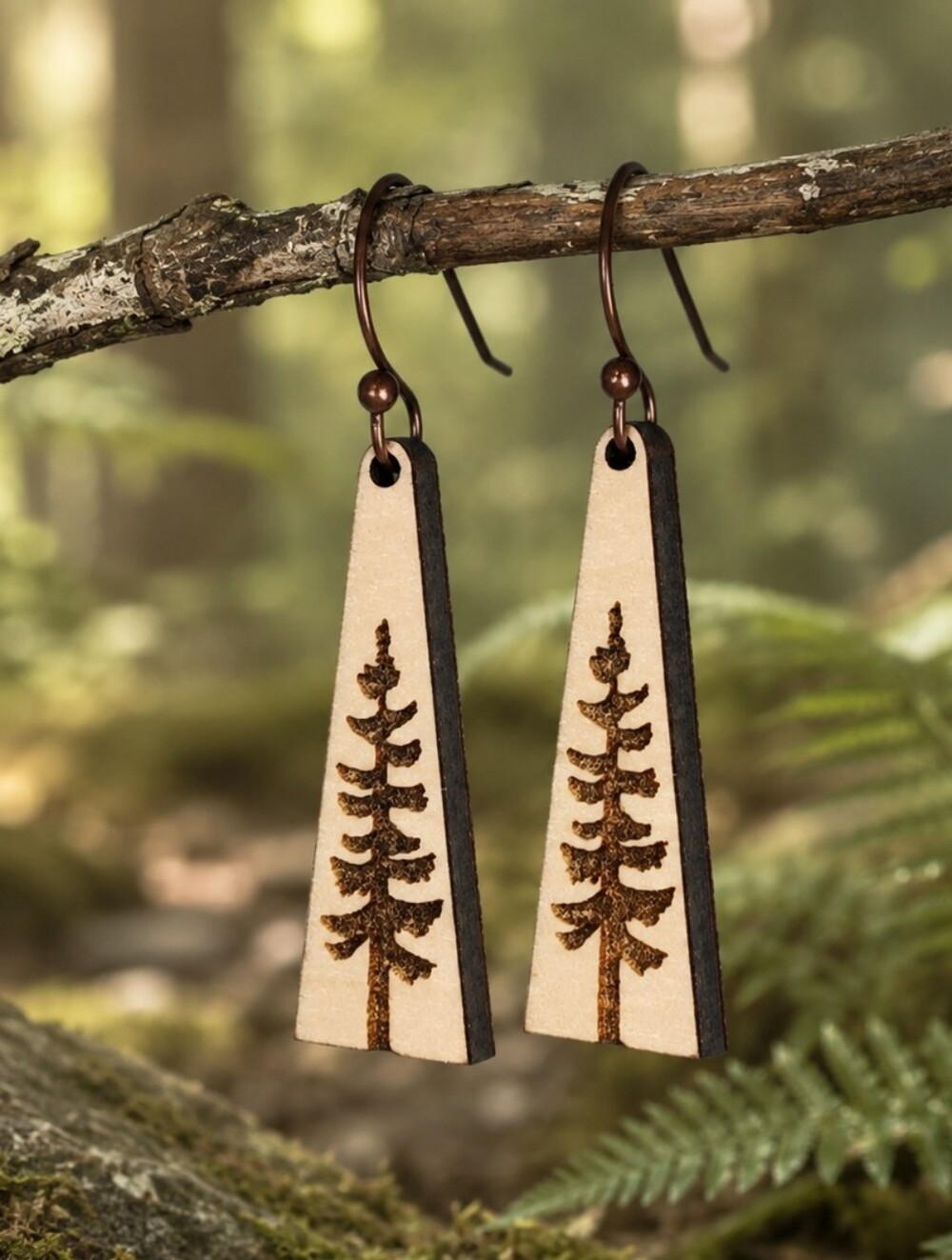 Pine Tree Earrings Rustic Woodland Dangles Hand Crafted